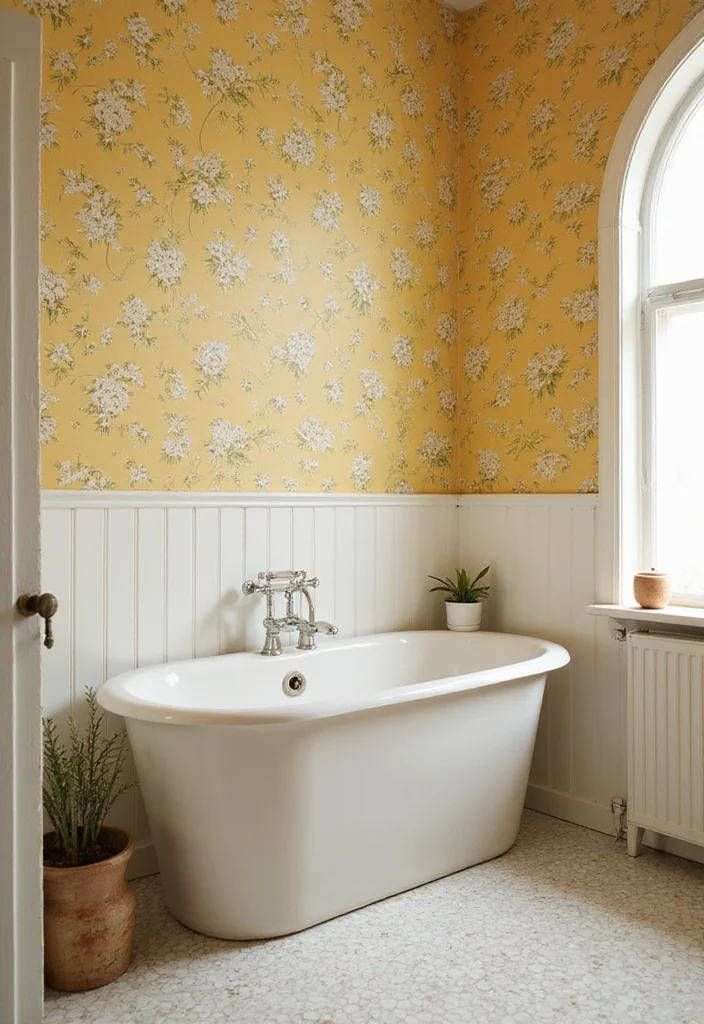 14 Yellow Bathroom Decor Ideas With Bright Cheer - 9. Floral Yellow Wallpaper