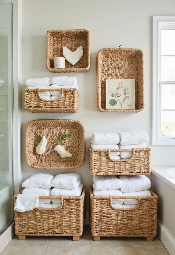 16 Bathroom Wall Decor Ideas For Stylish Spaces - 5. Woven Baskets