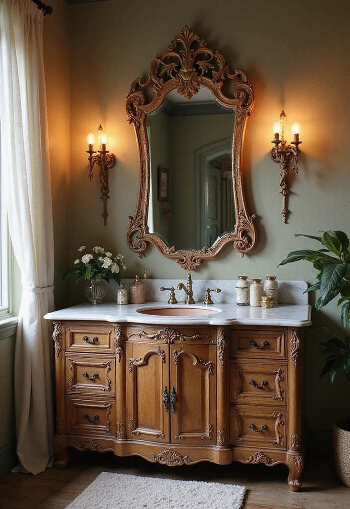 16 Large Bathroom Vanity Ideas For Spacious Homes - 7. Vintage Glam with Antique Finishes