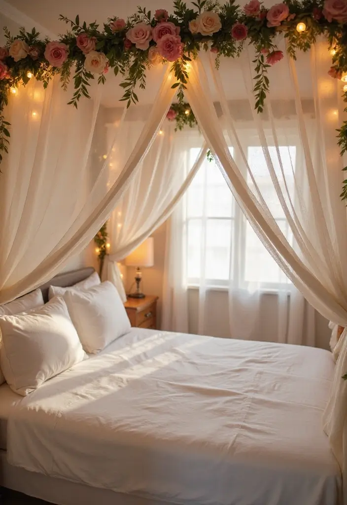 25 Anniversary Bedroom Decoration Ideas That Feel Romantic & Thoughtful - 1. Vintage Floral Canopy