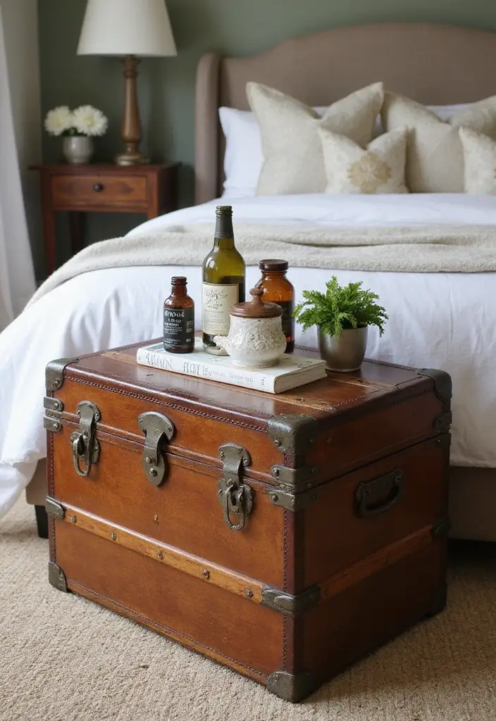 25 Anniversary Bedroom Decoration Ideas That Feel Romantic & Thoughtful - 14. Vintage Trunks for Storage
