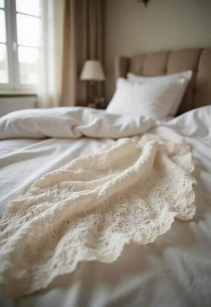 25 Anniversary Bedroom Decoration Ideas That Feel Romantic & Thoughtful - 22. Vintage Lace Accents