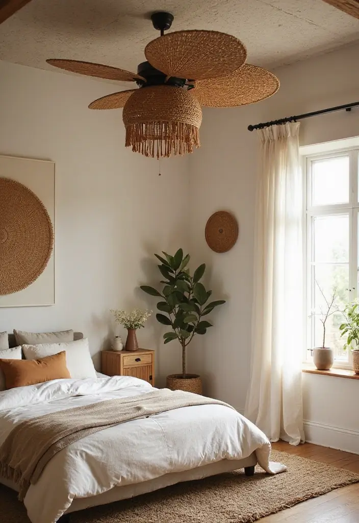 25 Bedroom Ceiling Fan Ideas That Keep You Cool in Style - 8. Boho-Chic Rattan Fan