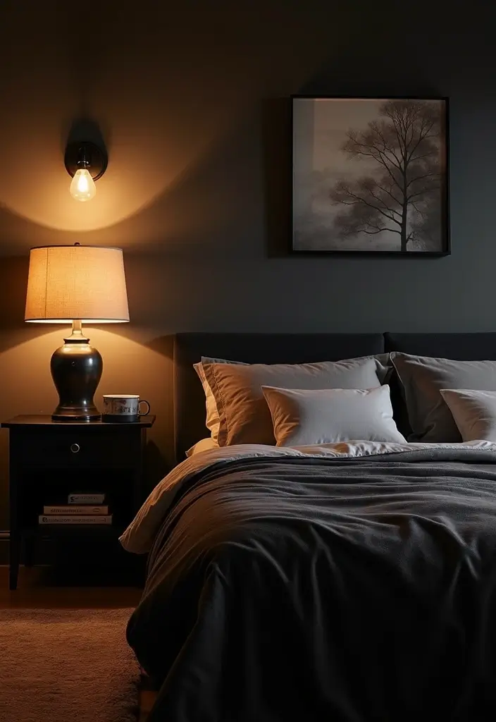 25 Bedroom Ideas with Black Furniture That Look Modern and Luxurious - 16. Soft Lighting Options