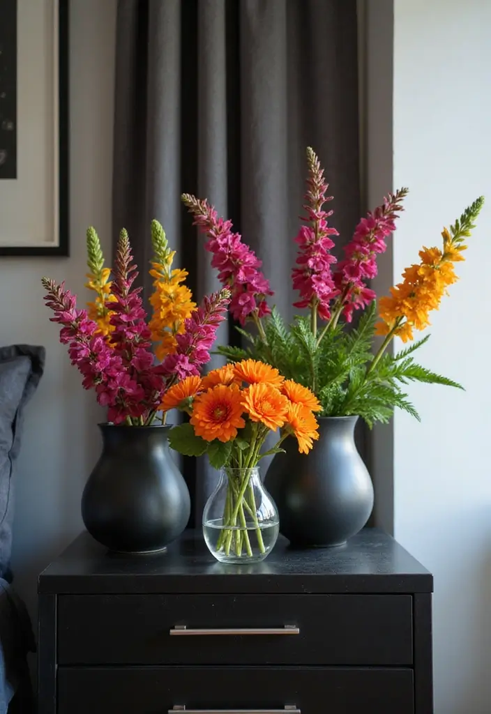 25 Bedroom Ideas with Black Furniture That Look Modern and Luxurious - 17. Flower Arrangements