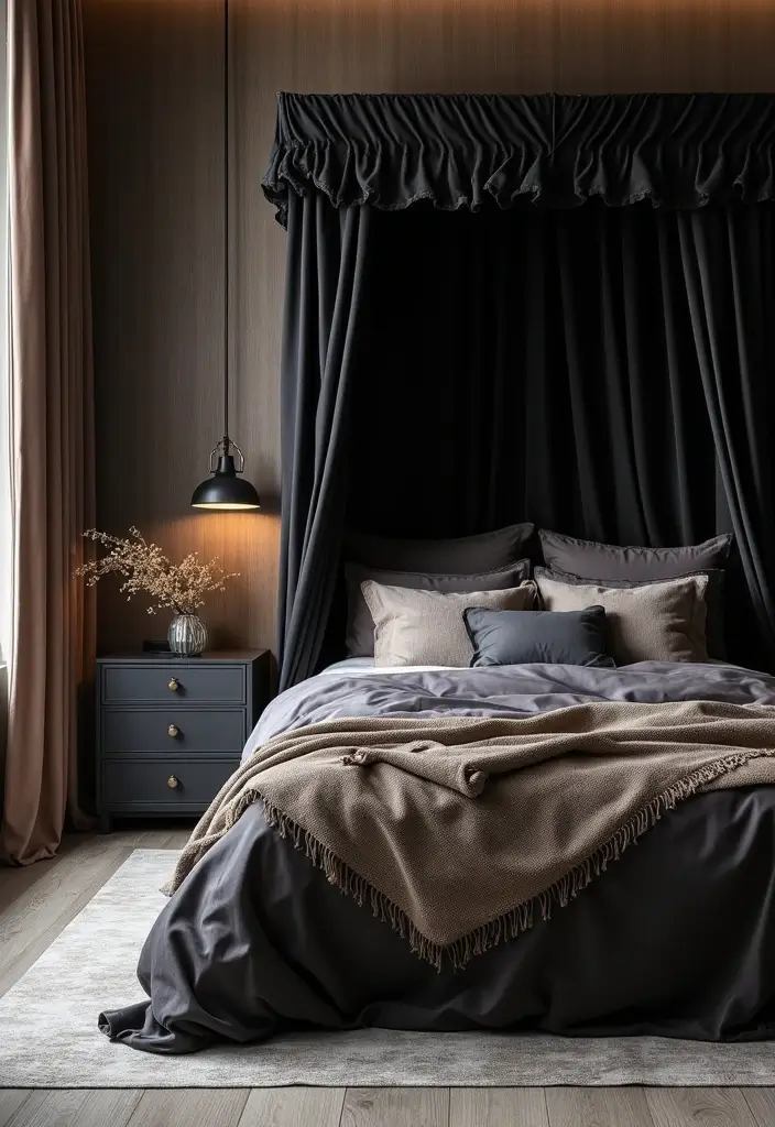 25 Bedroom Ideas with Black Furniture That Look Modern and Luxurious - 22. Elegant Canopy Beds