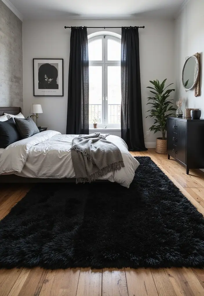 25 Bedroom Ideas with Black Furniture That Look Modern and Luxurious - 7. Bold Black Area Rugs