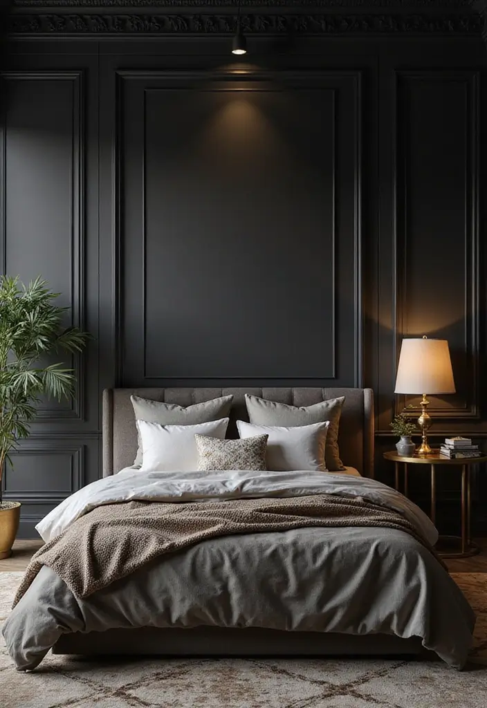 25 Bedroom Wall Painting Ideas Creativity Design That Inspire You - 16. Golden Accents on Dark Walls