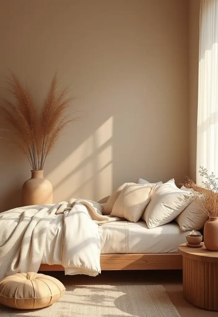 25 Beige Wall Bedroom Ideas That Add Warmth and Sophistication - 1. Soft Beige with Earthy Accents