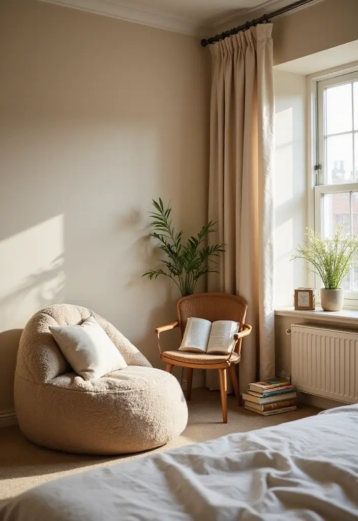 25 Beige Wall Bedroom Ideas That Add Warmth and Sophistication - 10. Cozy Reading Nook
