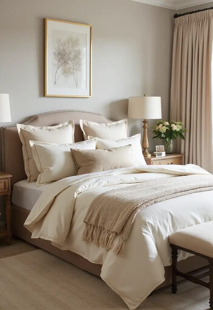 25 Beige Wall Bedroom Ideas That Add Warmth and Sophistication - 11. Elegant Bedding Combinations