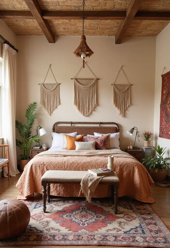 25 Beige Wall Bedroom Ideas That Add Warmth and Sophistication - 4. Bohemian Vibes with a Beige Base
