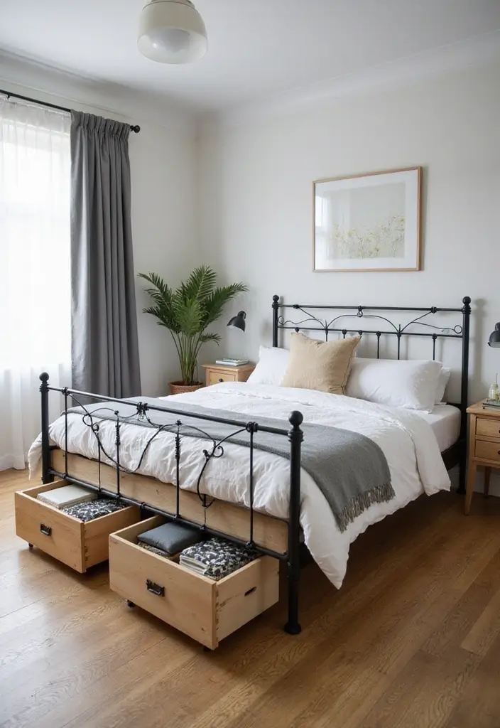 25 Black Iron Bed Frame Bedroom Ideas That Feel Industrial Chic - 13. Smart Storage Solutions