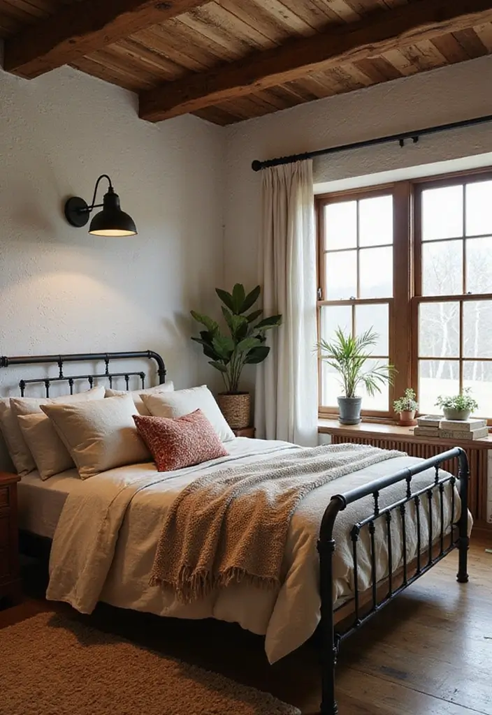 25 Black Iron Bed Frame Bedroom Ideas That Feel Industrial Chic - 18. Rustic Industrial Fusion