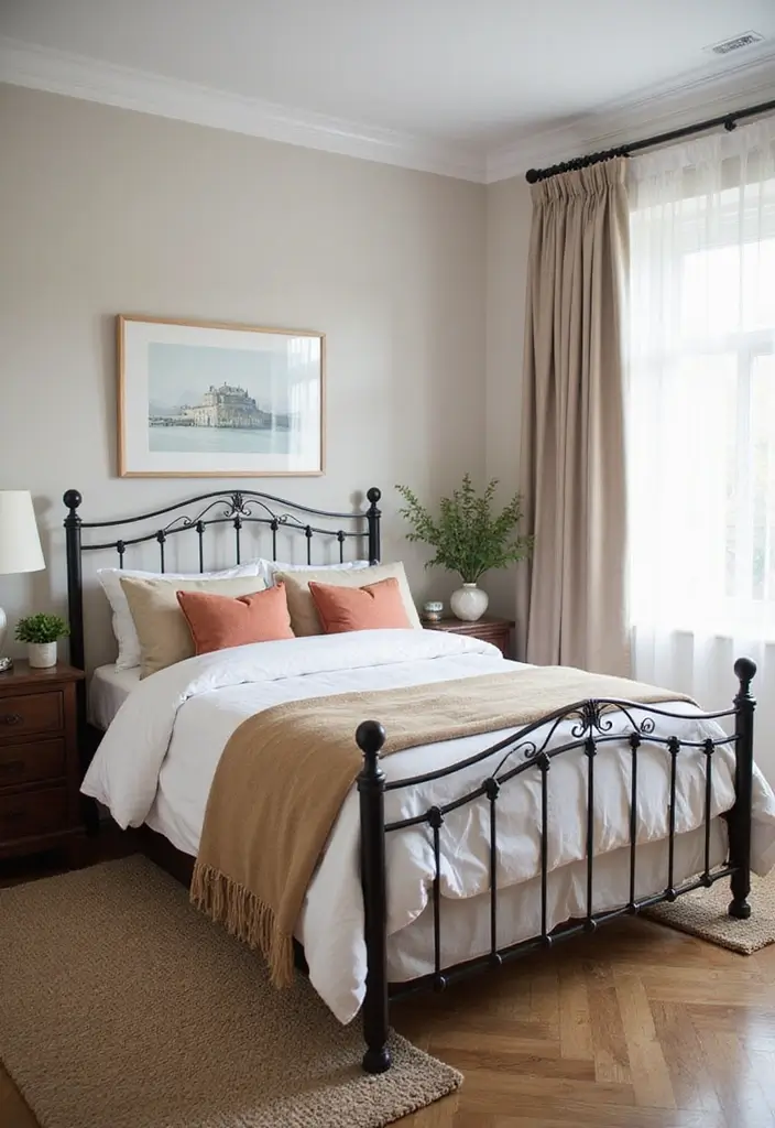 25 Black Iron Bed Frame Bedroom Ideas That Feel Industrial Chic - 22. Soft Neutrals with a Touch of Color