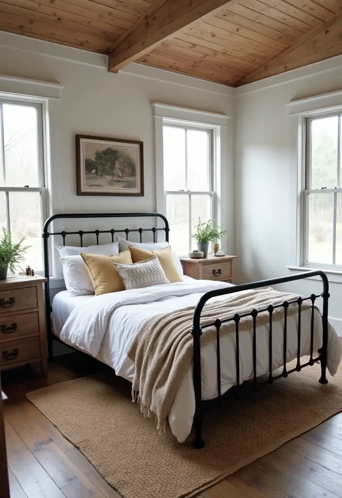 25 Black Iron Bed Frame Bedroom Ideas That Feel Industrial Chic - 23. Industrial Meets Modern Farmhouse