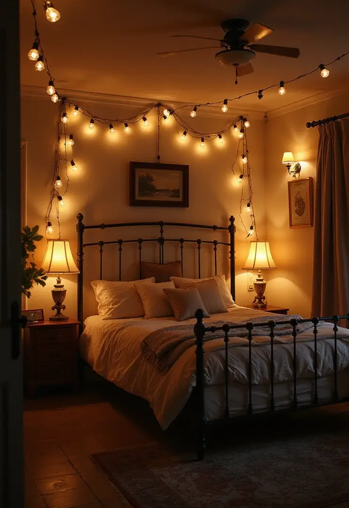 25 Black Iron Bed Frame Bedroom Ideas That Feel Industrial Chic - 25. Layered Lighting for Ambiance