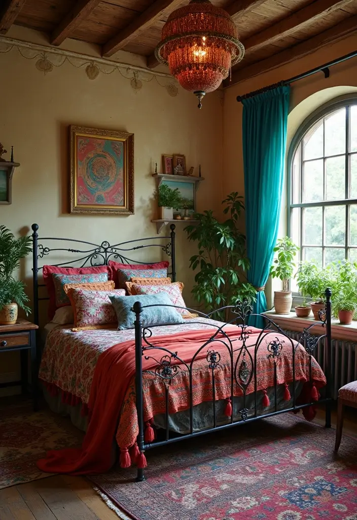 25 Black Iron Bed Frame Bedroom Ideas That Feel Industrial Chic - 4. Bohemian Touches with Iron Frames