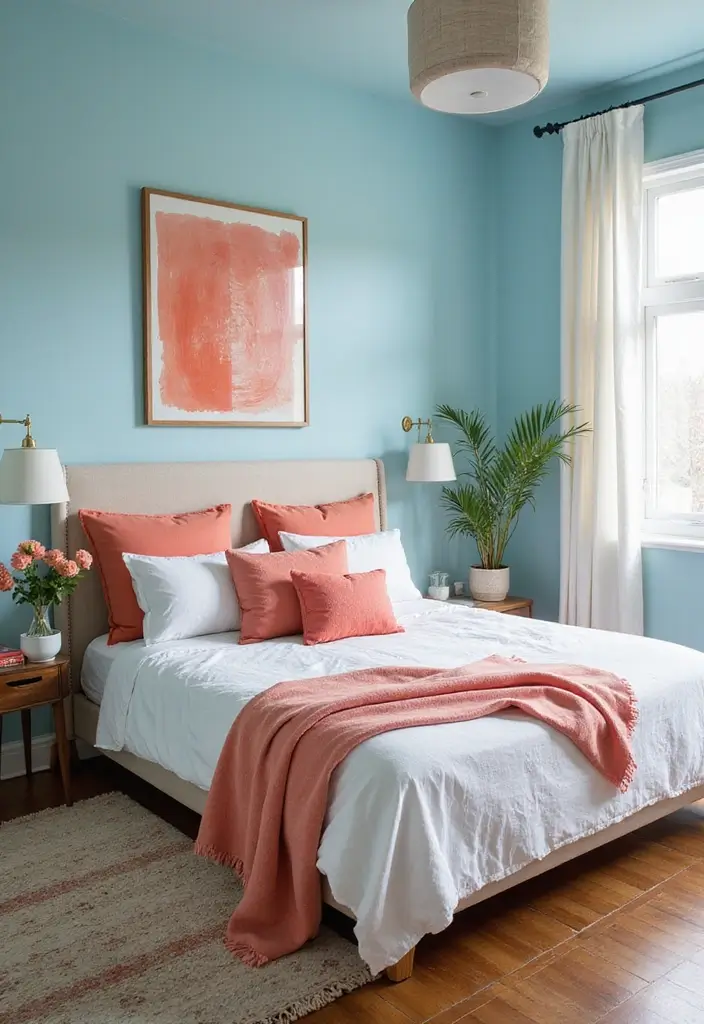 25 Blue Color Bedroom Ideas That Refresh Your Mood Instantly - 19. Light Blue with Pops of Coral