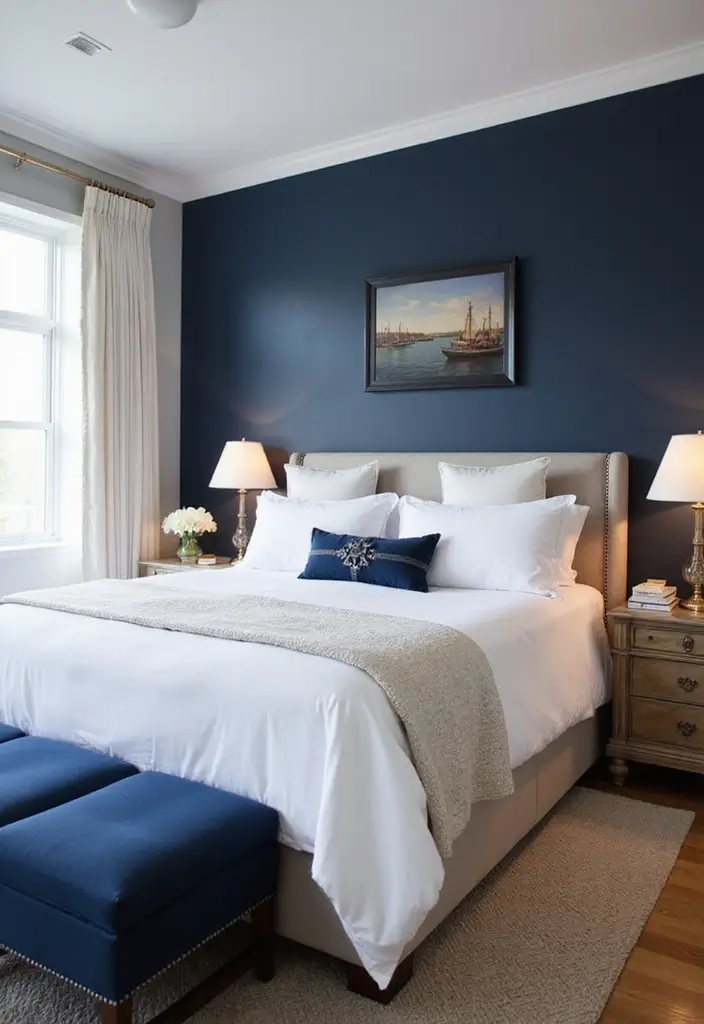 25 Blue Color Bedroom Ideas That Refresh Your Mood Instantly - 2. Nautical Navy Elegance