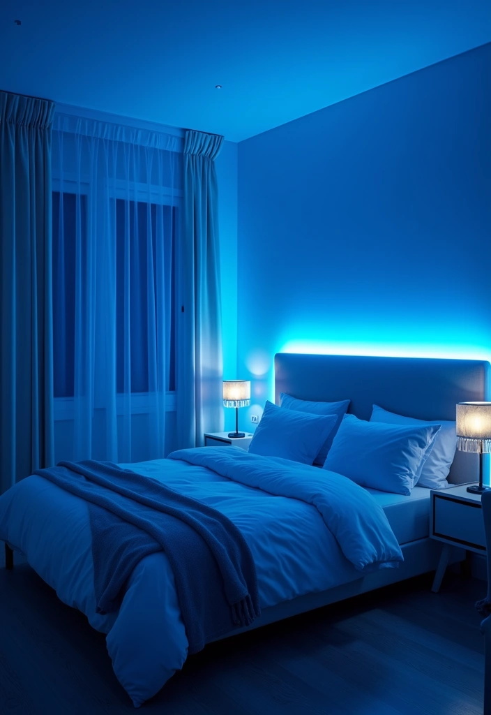 25 Blue Color Bedroom Ideas That Refresh Your Mood Instantly - 22. Cool Blue Lighting