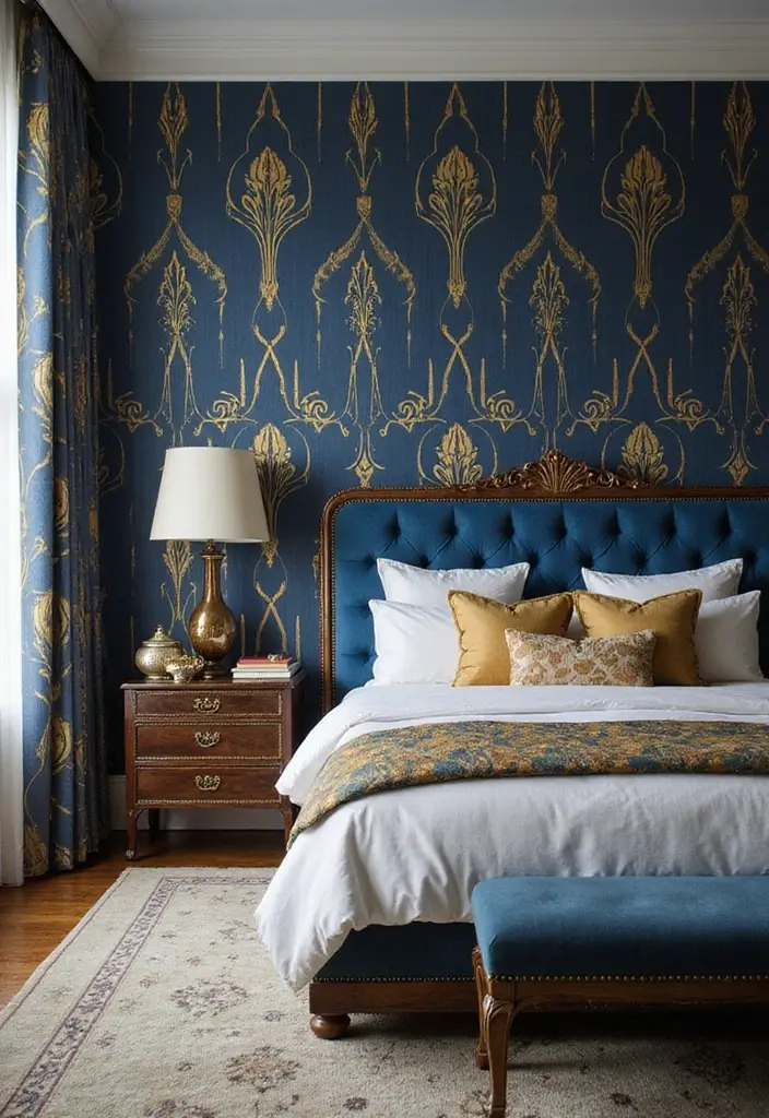 25 Blue Wallpaper Bedroom Ideas That Transform Blank Walls - 12. Art Deco Elegance