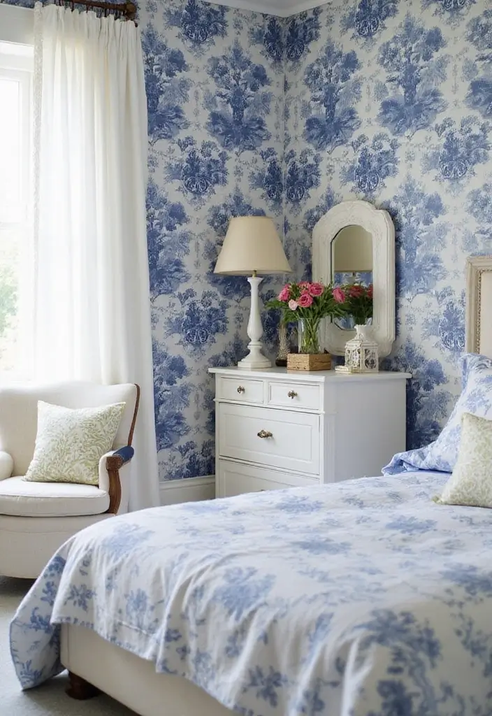25 Blue Wallpaper Bedroom Ideas That Transform Blank Walls - 15. Classic Toile