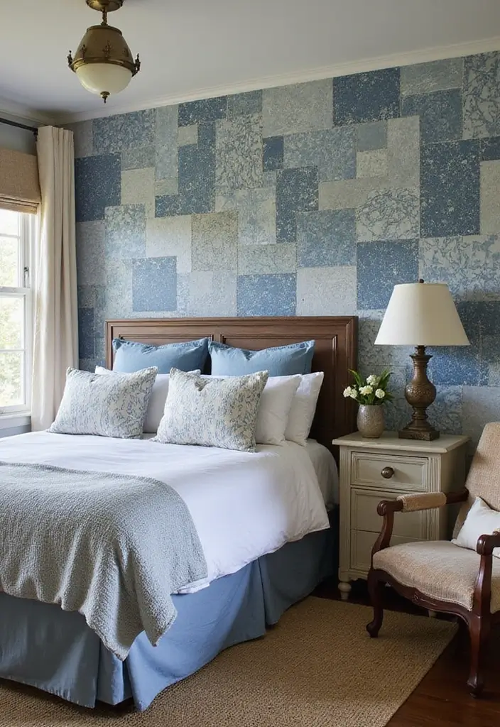 25 Blue Wallpaper Bedroom Ideas That Transform Blank Walls - 24. Patchwork Blue Patterns