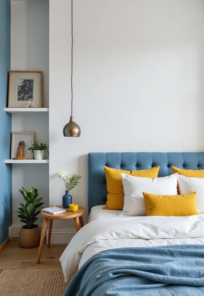 25 Blue and Yellow Bedroom Ideas That Brighten Any Space - 10. Minimalist Sunshine