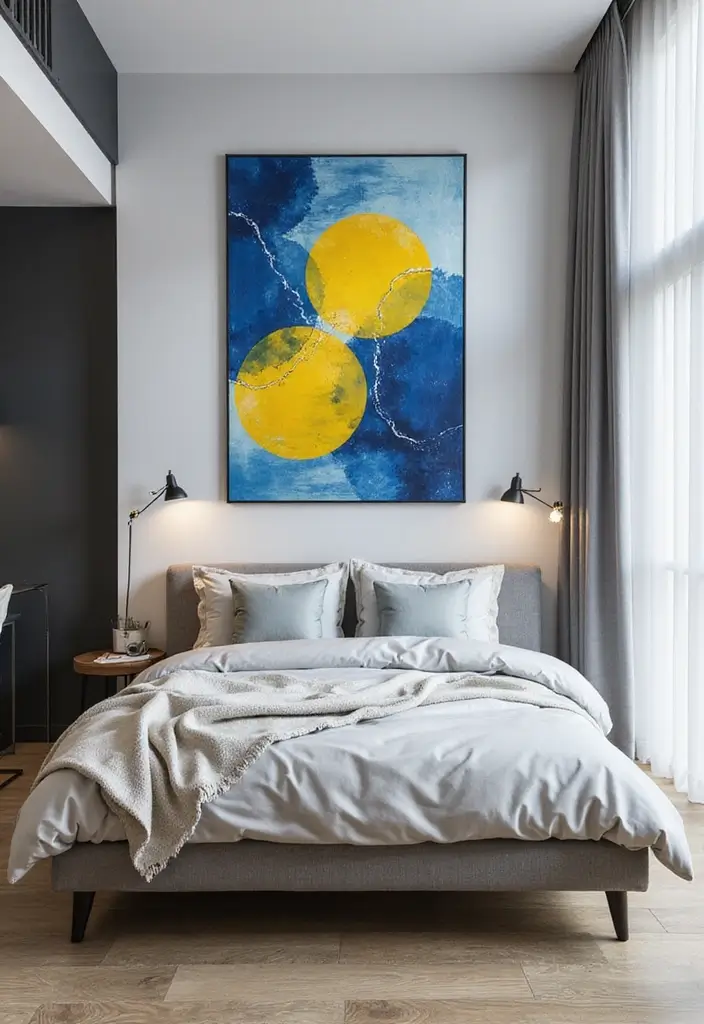 25 Blue and Yellow Bedroom Ideas That Brighten Any Space - 11. Modern Artistry