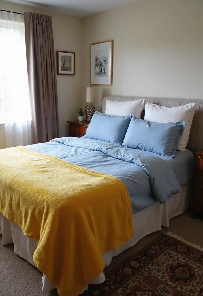 25 Blue and Yellow Bedroom Ideas That Brighten Any Space - 12. Layered Textures