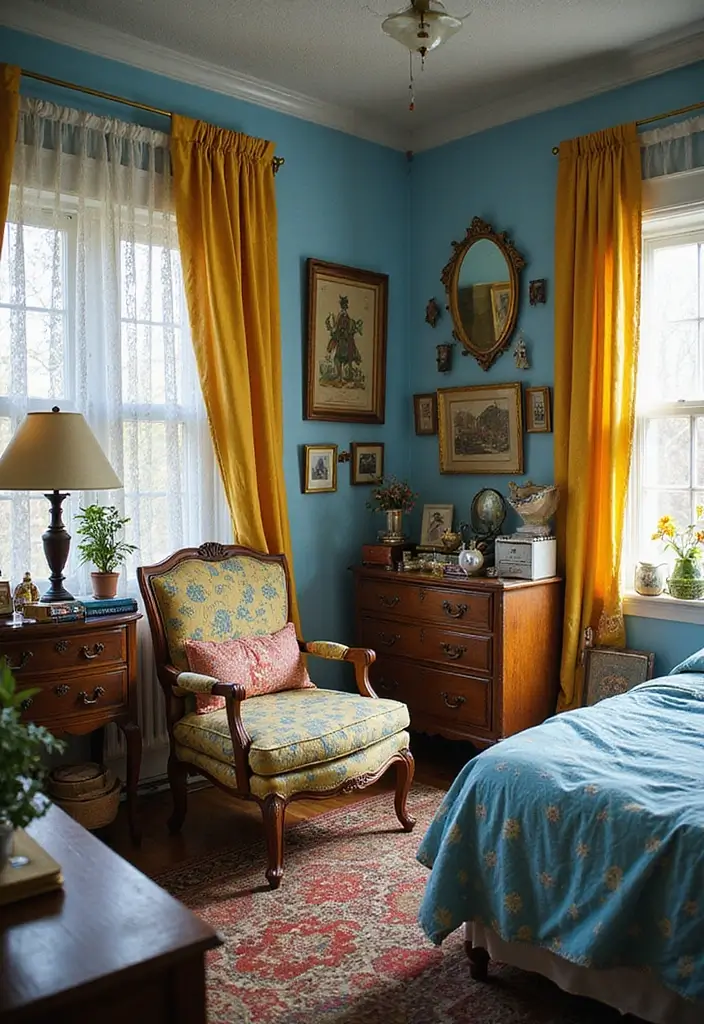 25 Blue and Yellow Bedroom Ideas That Brighten Any Space - 14. Eclectic Charm