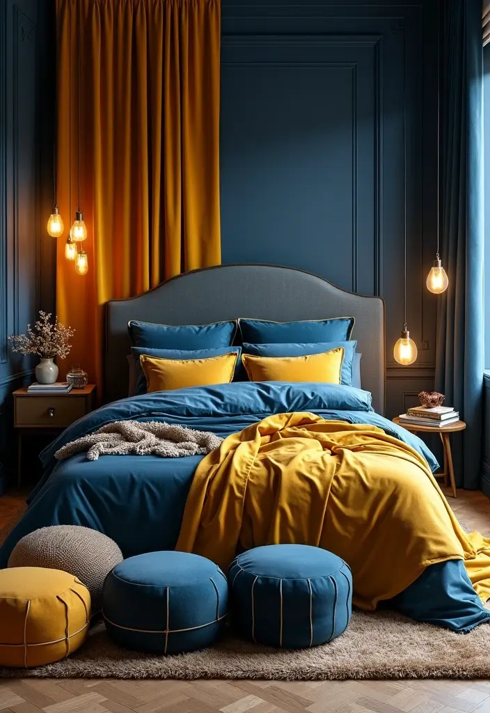 25 Blue and Yellow Bedroom Ideas That Brighten Any Space - 15. Lavish Layering