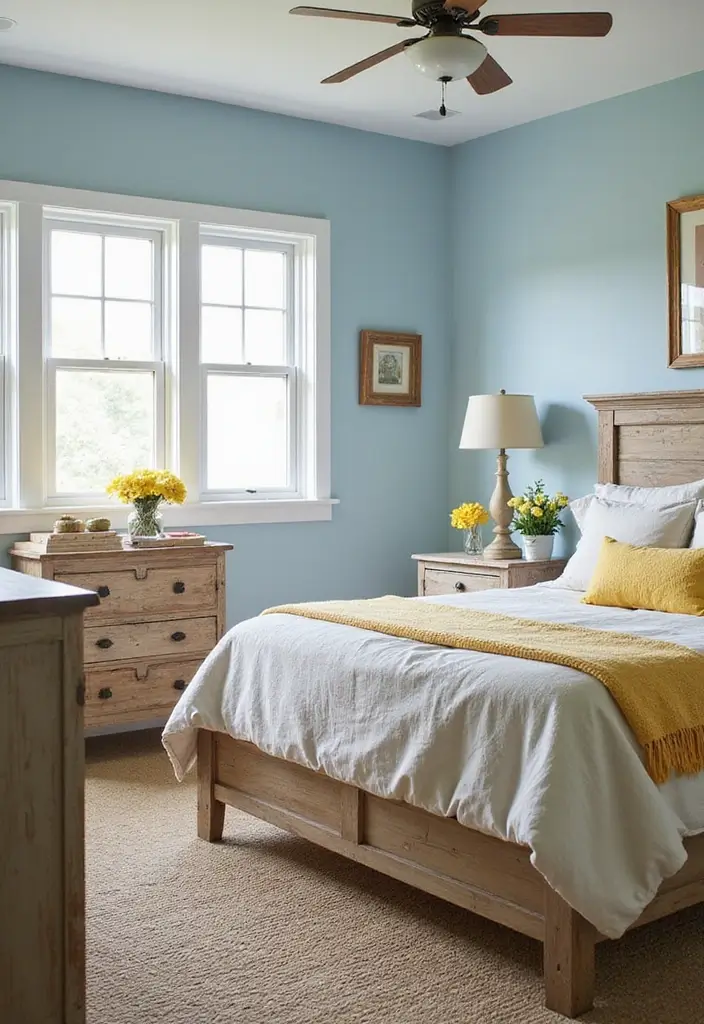 25 Blue and Yellow Bedroom Ideas That Brighten Any Space - 5. Coastal Farmhouse Fusion
