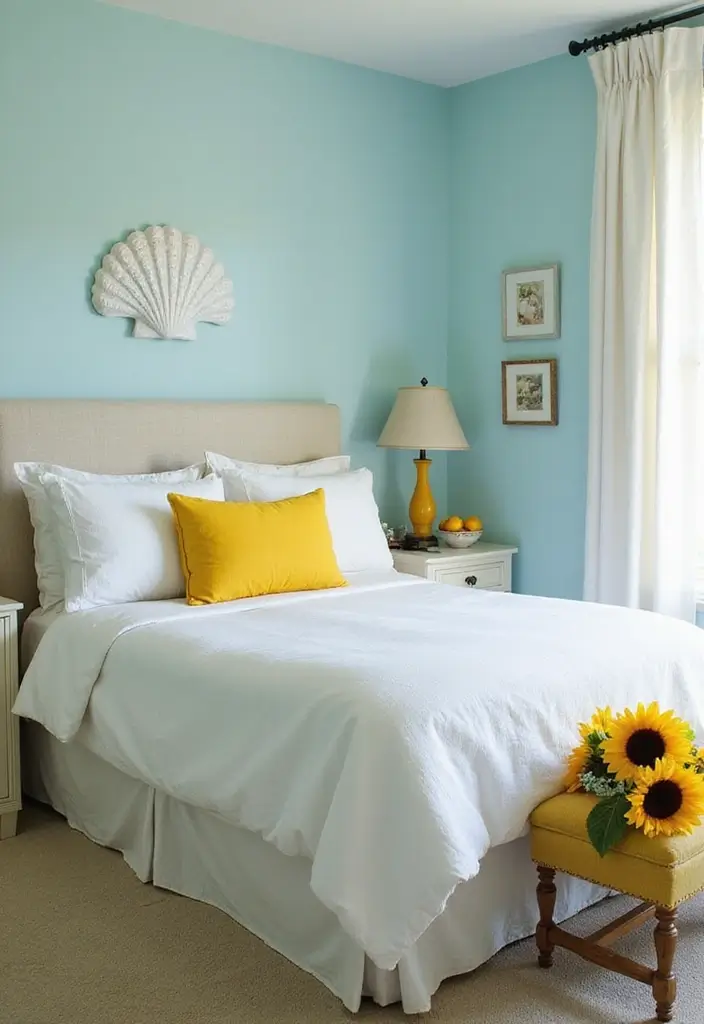 25 Blue and Yellow Bedroom Ideas That Brighten Any Space - 8. Subtle Seafoam Rhapsody