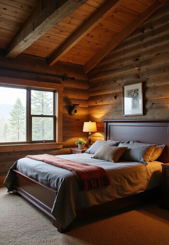 25 Dark Brown Bed Frame Bedroom Ideas That Look Solid and Stylish - 10. Cozy Cabin Retreat