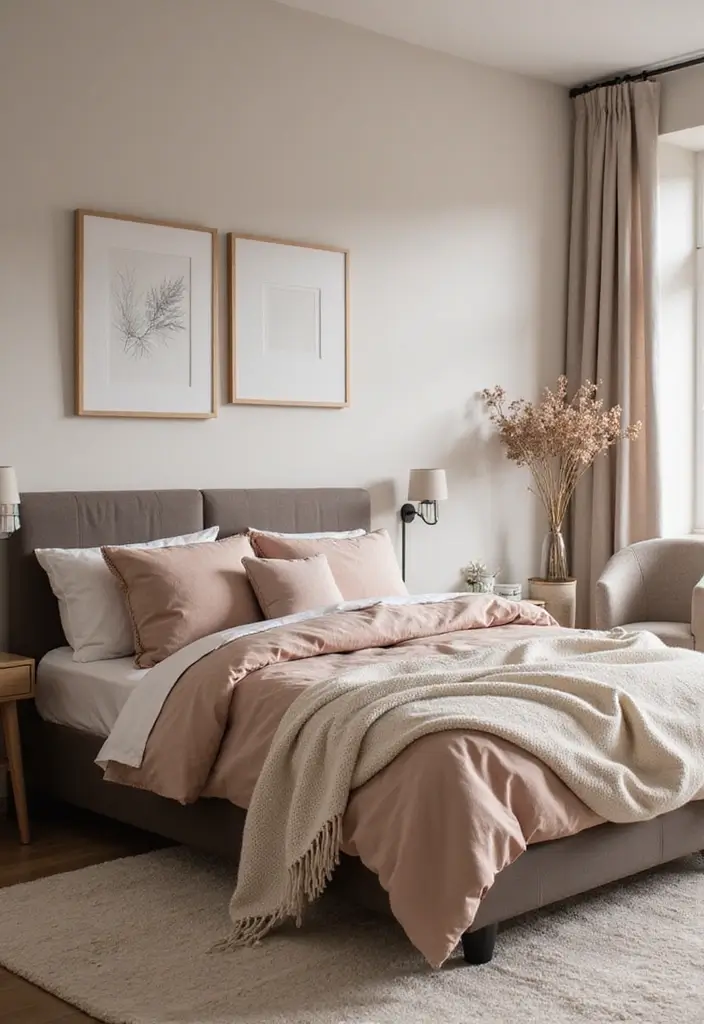 25 Dark Brown Bed Frame Bedroom Ideas That Look Solid and Stylish - 14. Soft Pastels and Comfort