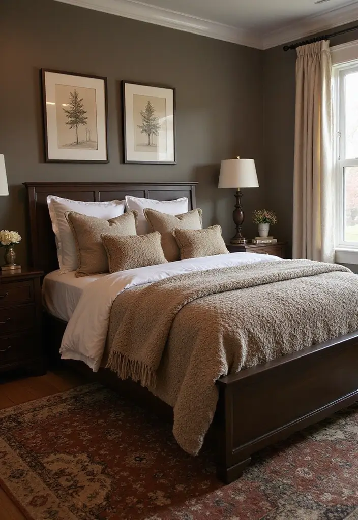 25 Dark Brown Bed Frame Bedroom Ideas That Look Solid and Stylish - 16. Textured Layers