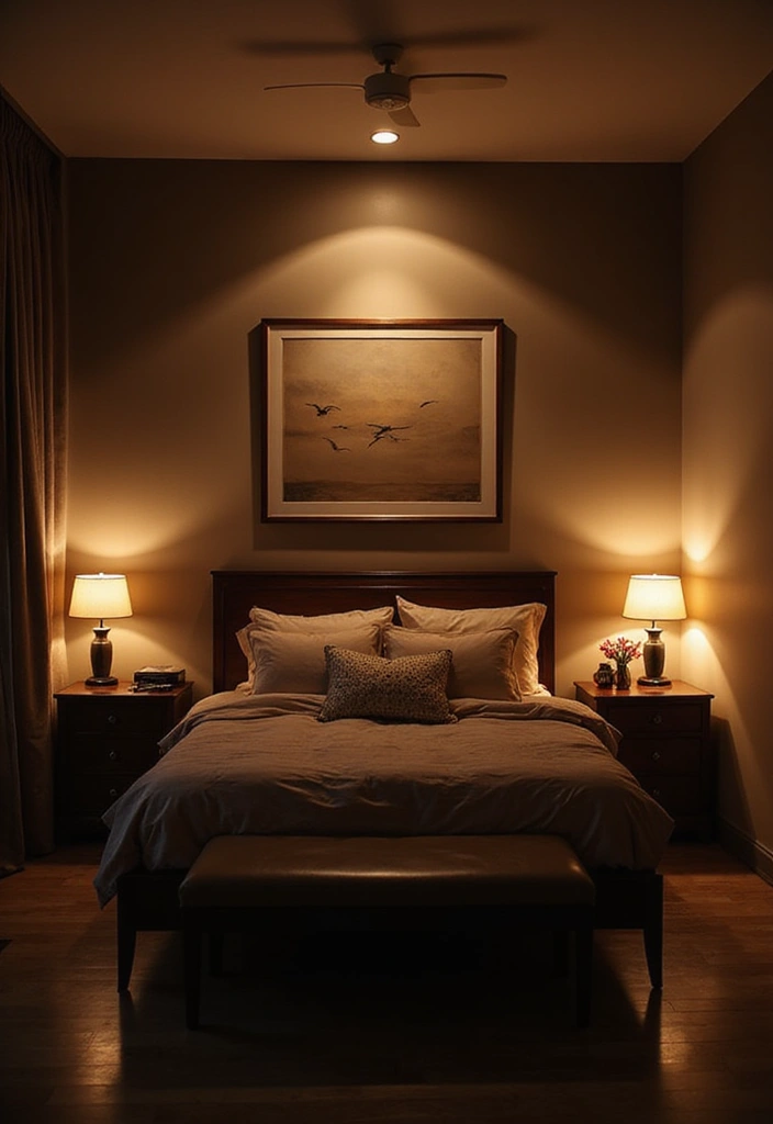 25 Dark Brown Bed Frame Bedroom Ideas That Look Solid and Stylish - 18. Layered Lighting Design
