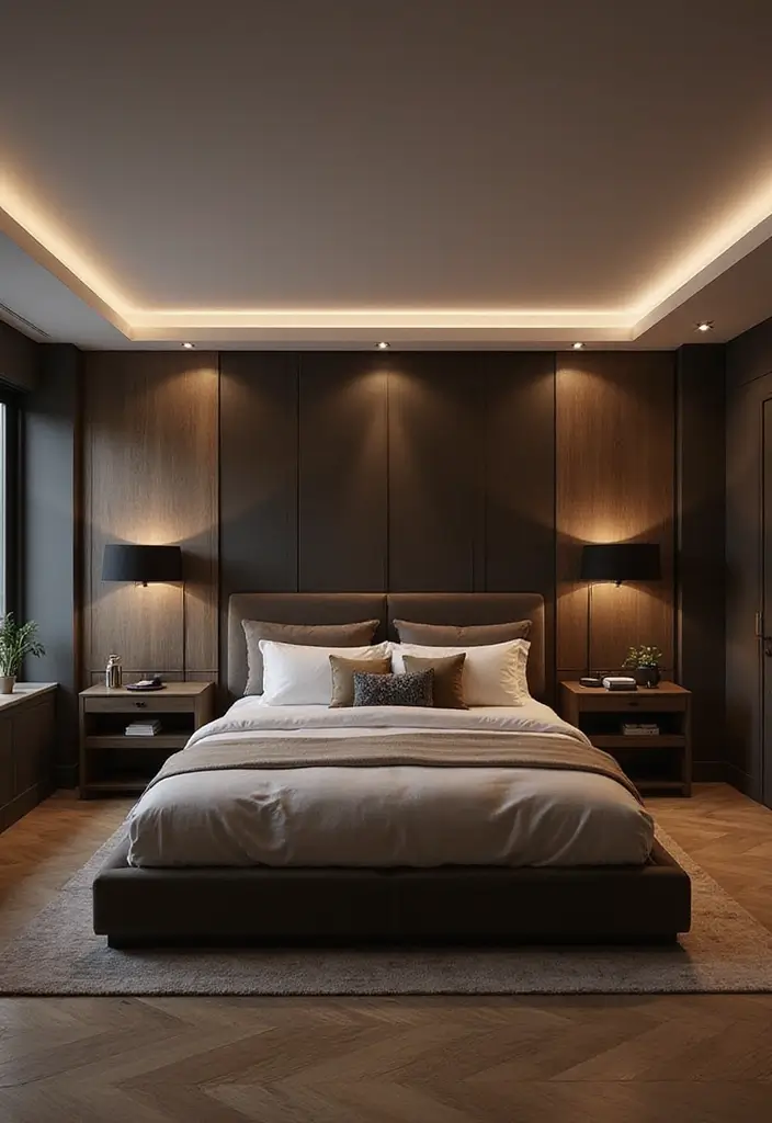 25 Dark Brown Bed Frame Bedroom Ideas That Look Solid and Stylish - 20. Smart Tech Integration