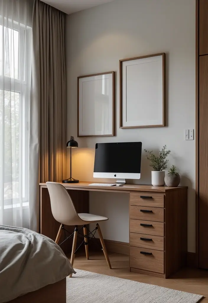 25 Dark Brown Bed Frame Bedroom Ideas That Look Solid and Stylish - 22. Functional Workspace Corner