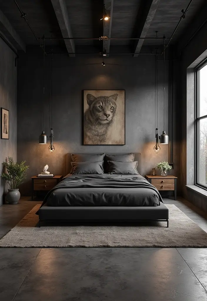 25 Dark Furniture Bedroom Ideas That Feel Rich and Dramatic - 11. Industrial Style with Dark Accents