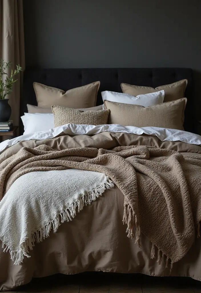 25 Dark Furniture Bedroom Ideas That Feel Rich and Dramatic - 12. Layered Bedding