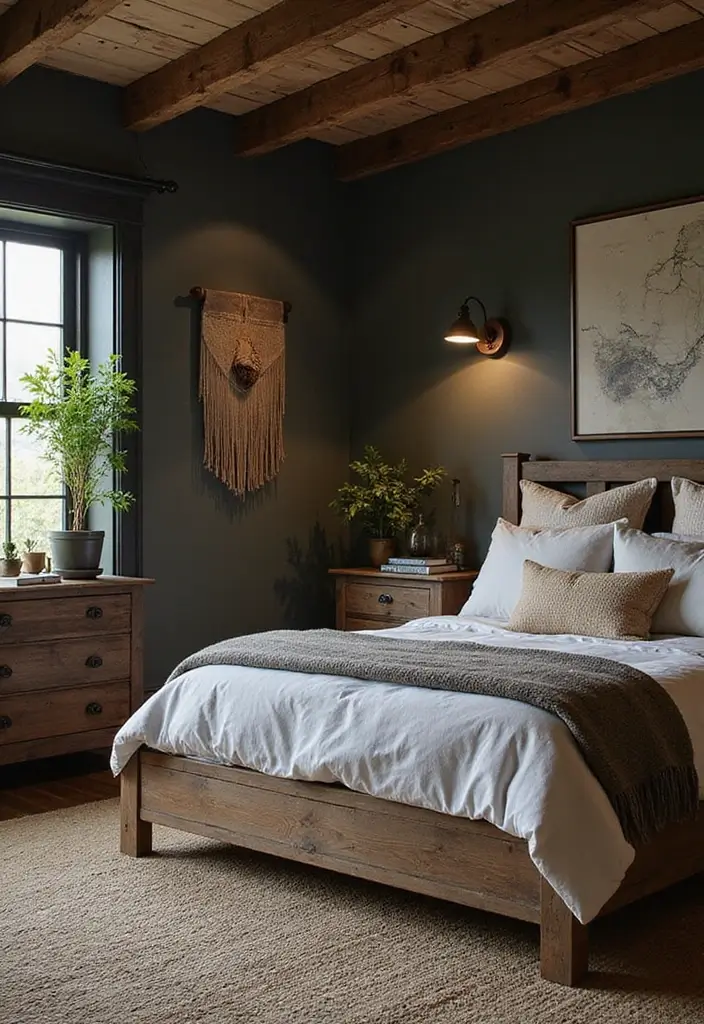 25 Dark Furniture Bedroom Ideas That Feel Rich and Dramatic - 14. Rustic Elements with Dark Furniture