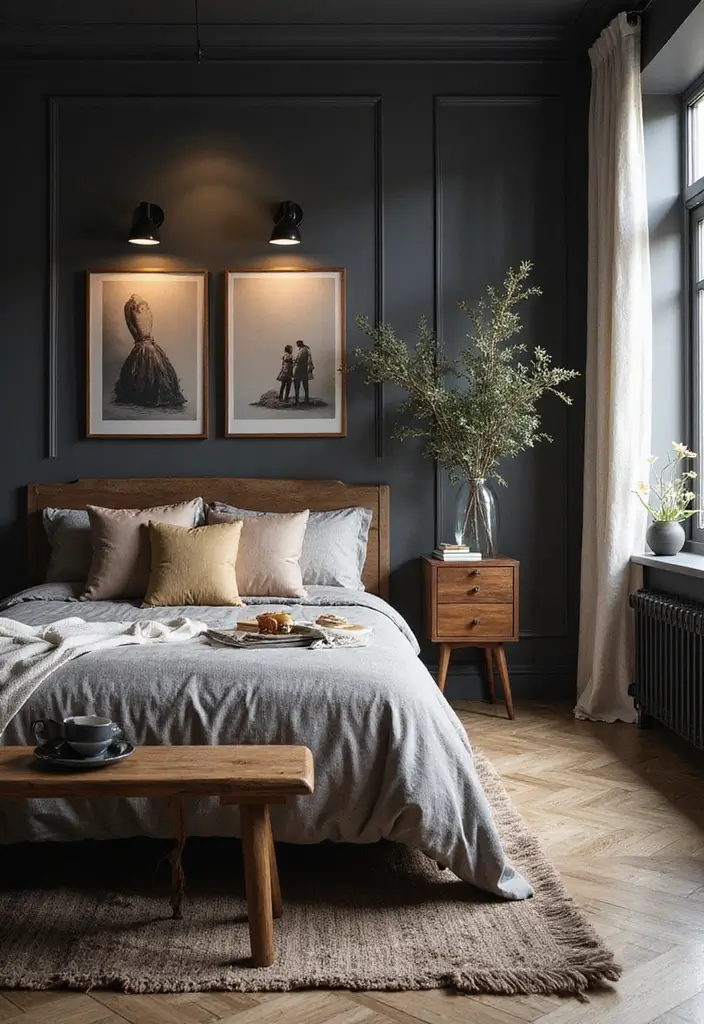 25 Dark Furniture Bedroom Ideas That Feel Rich and Dramatic - 15. Custom Art Pieces