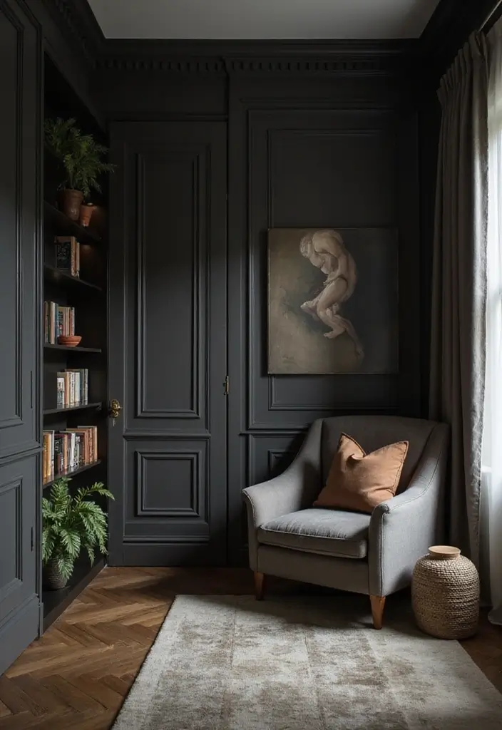 25 Dark Furniture Bedroom Ideas That Feel Rich and Dramatic - 21. Cozy Reading Nook