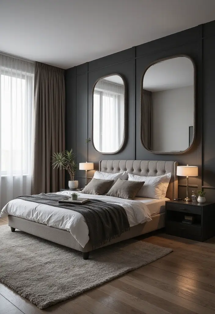 25 Dark Furniture Bedroom Ideas That Feel Rich and Dramatic - 23. Dramatic Mirrors