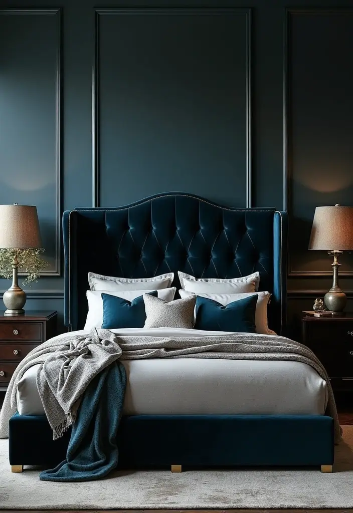 25 Dark Furniture Bedroom Ideas That Feel Rich and Dramatic - 5. Velvet Upholstered Headboards
