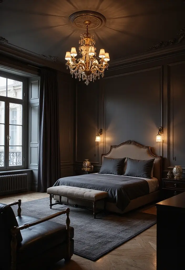 25 Dark Furniture Bedroom Ideas That Feel Rich and Dramatic - 6. Dramatic Lighting Fixtures