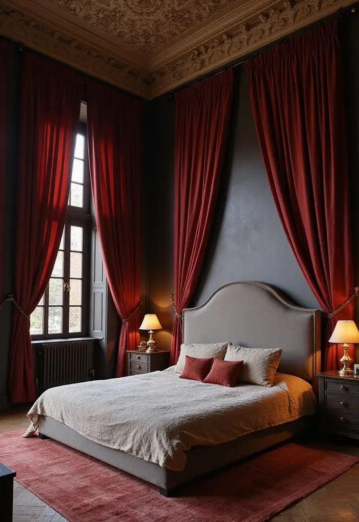 25 Dark Furniture Bedroom Ideas That Feel Rich and Dramatic - 8. Elegant Draperies